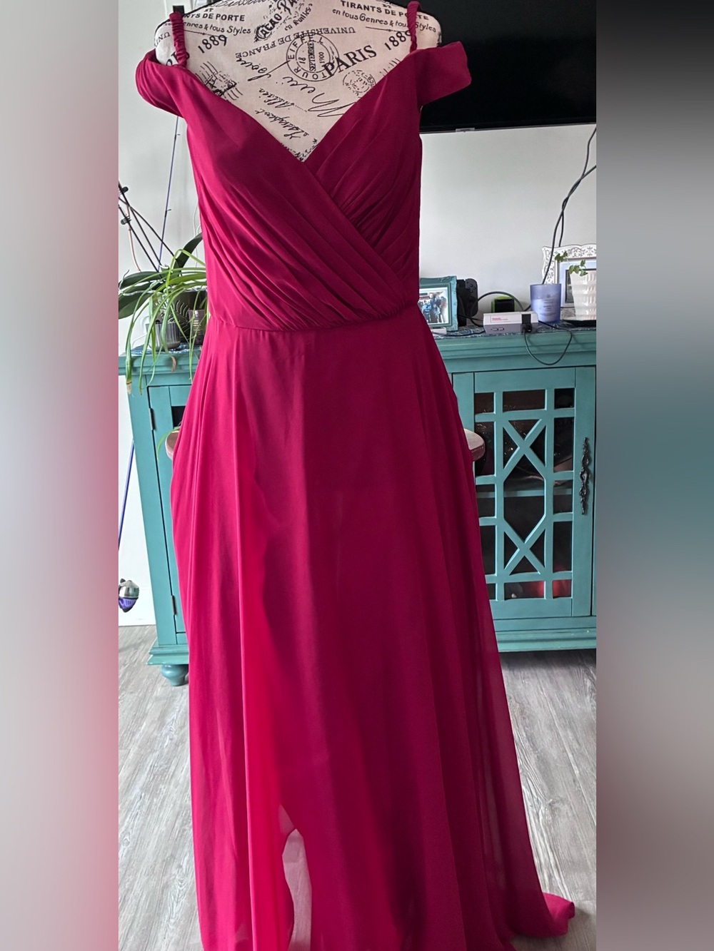 Off-Shoulder Burgundy Chiffon Wedding Guest Dress